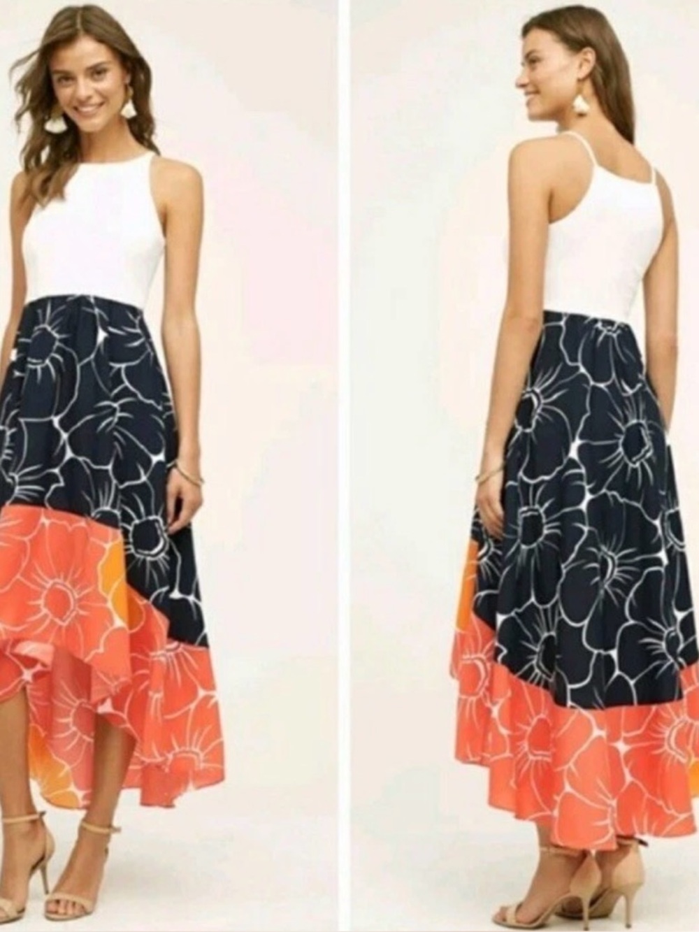Anthropologie Hutch S Peachy High-Low Sleeveless White Bodice Navy/Orange Dress